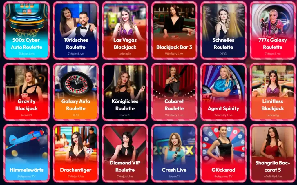 Gambiva Casino Live Casino Spiele Auswahl mit Blackjack Roulette und Game Shows