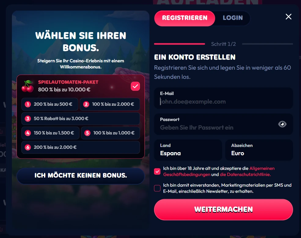 Gambiva Casino Registrierung mit Auswahl des Willkommensbonus bis zu 10000 Euro