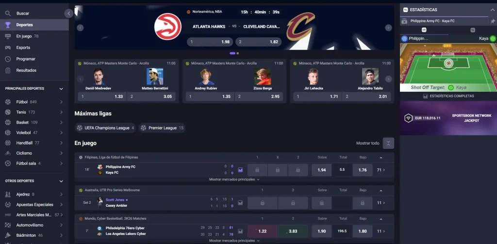 Gambiva Casino Sportwetten Bereich mit Live und Pre-Match Spielen sowie Quoten
