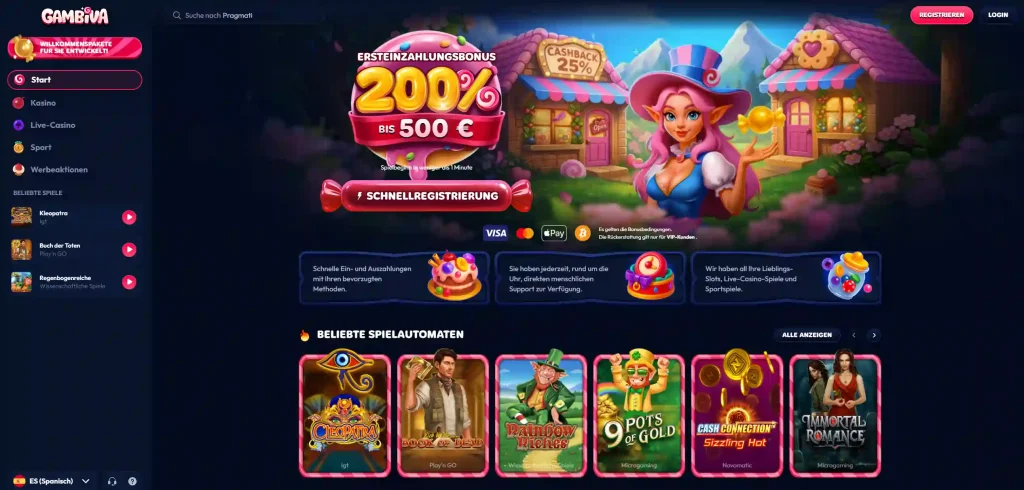 Gambiva Casino Startseite mit Willkommensbonus 200 Prozent bis 500 Euro und Spielauswahl