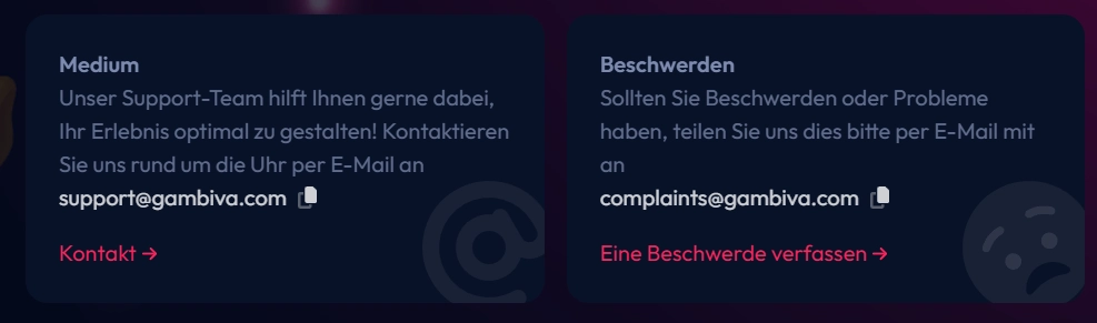 Gambiva Casino Support Bereich mit E-Mail Kontakt und Beschwerdeformular